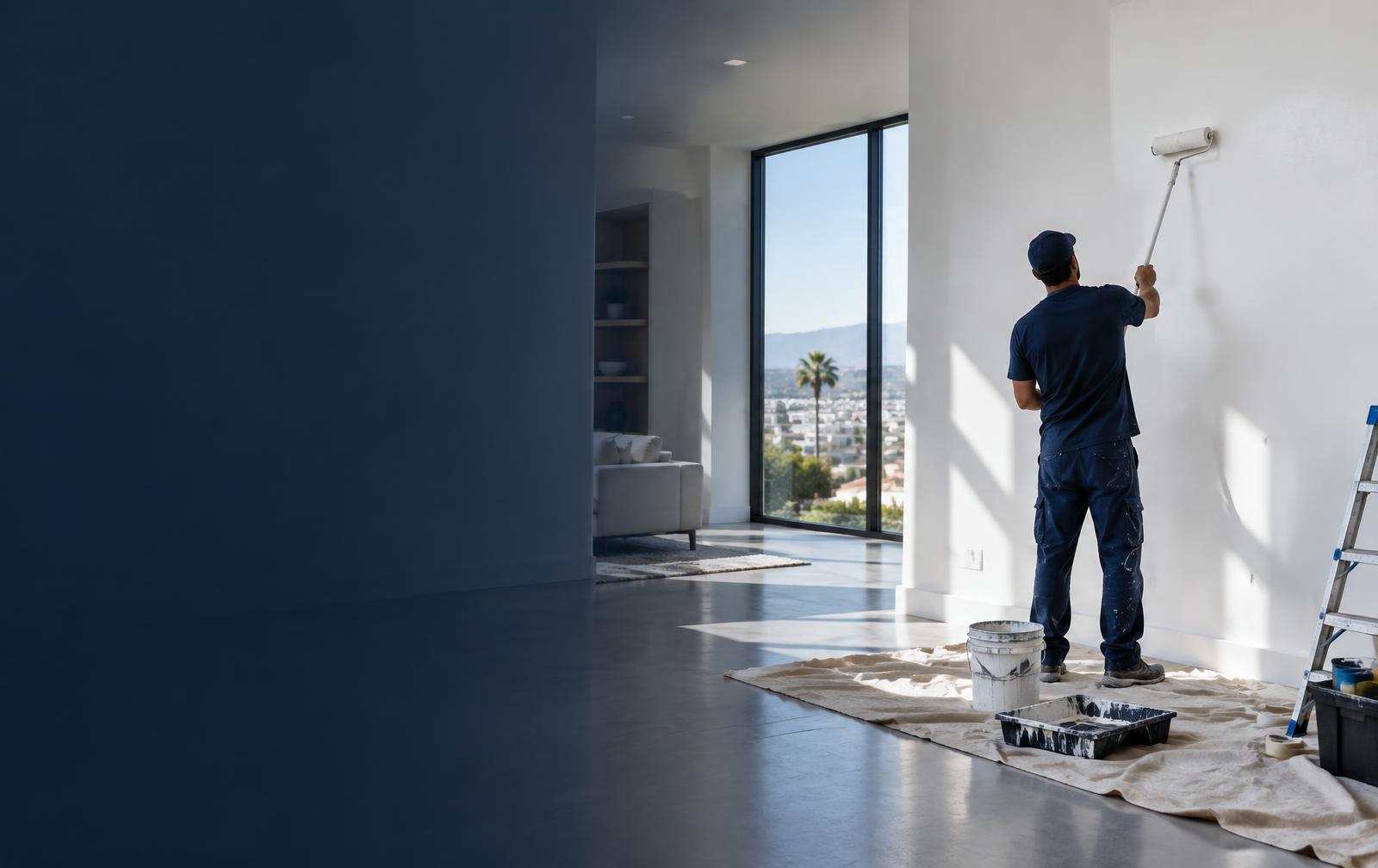 Peintre appliquant de la peinture blanche sur un mur intérieur